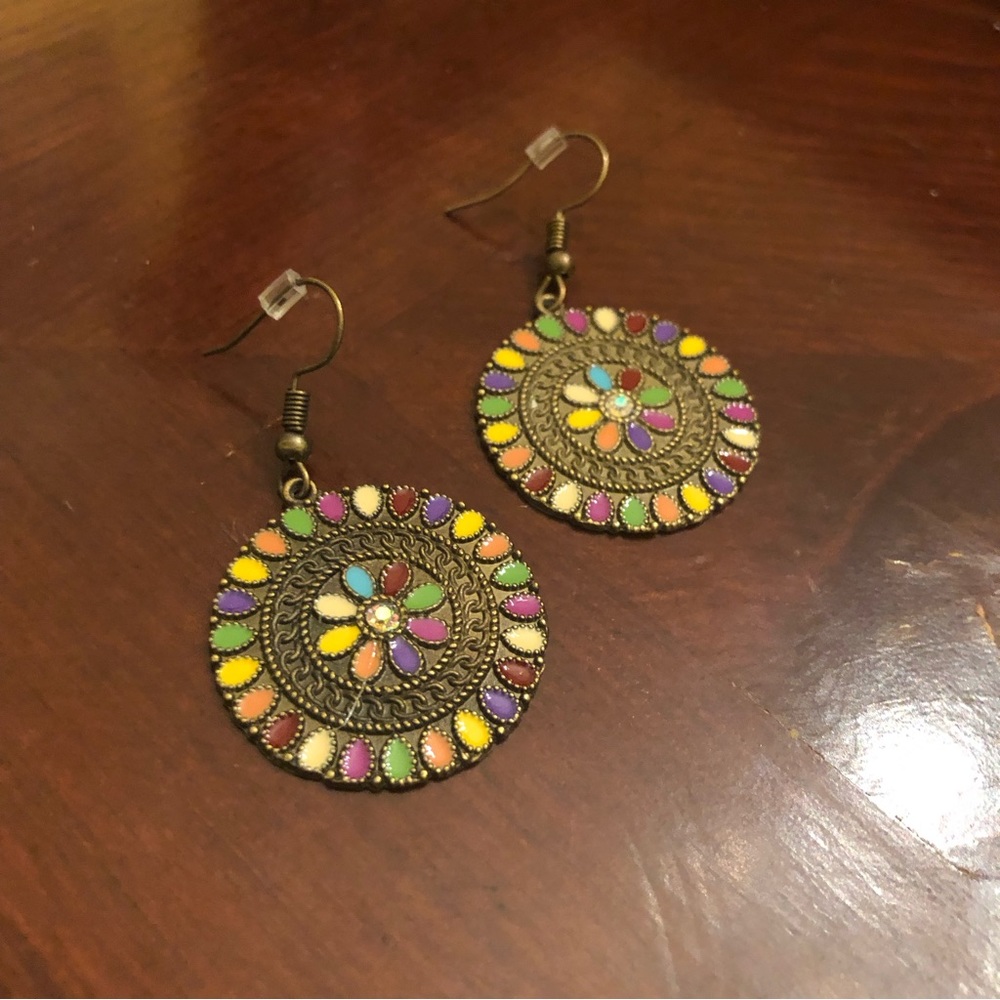Duufin Mandala Design Earrings Women's Bronze/Multicolored